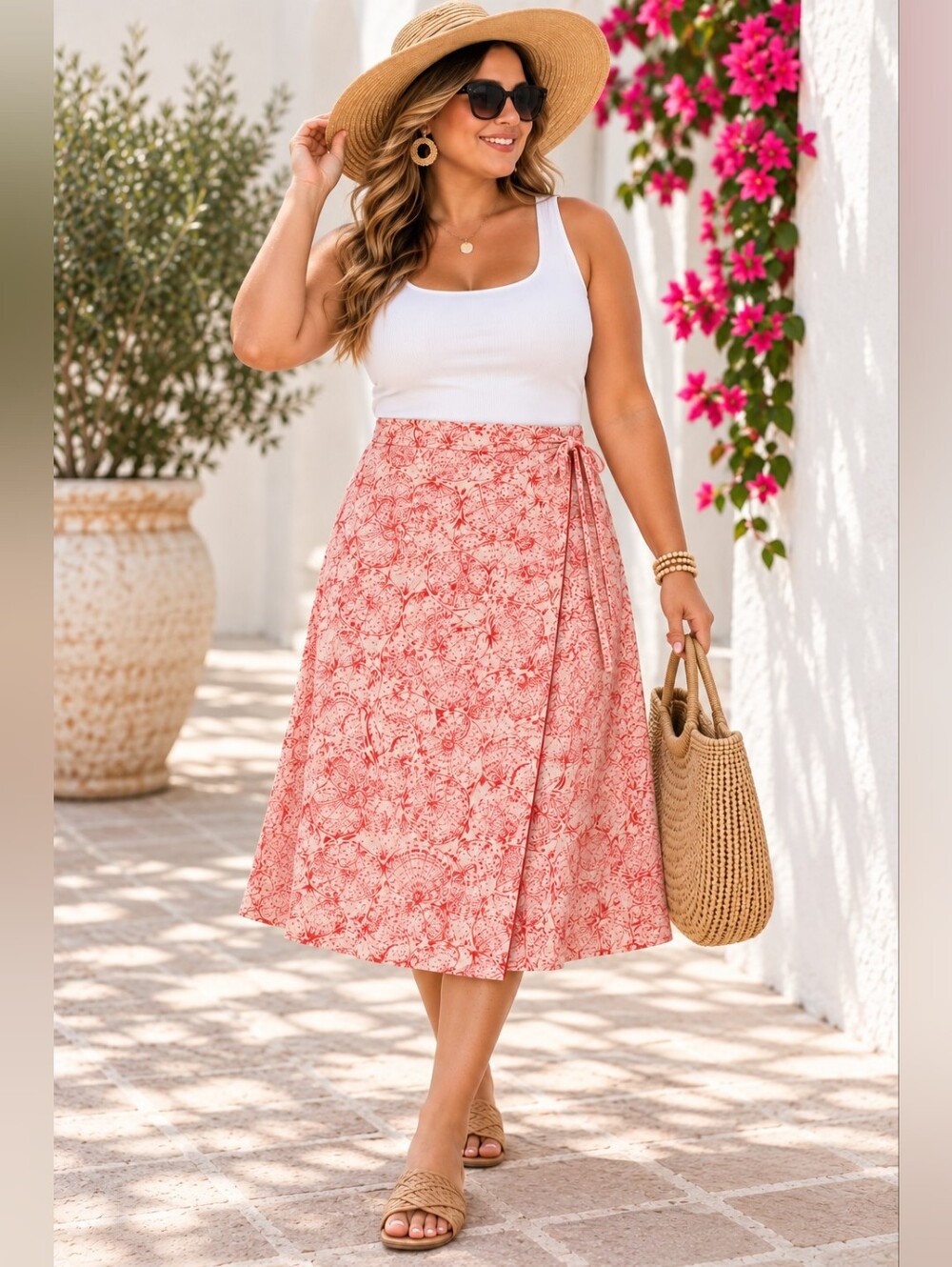 A New Day 4X Linen Blend Wrap Skirt Red Seashell Print Tie Waist Plus Size